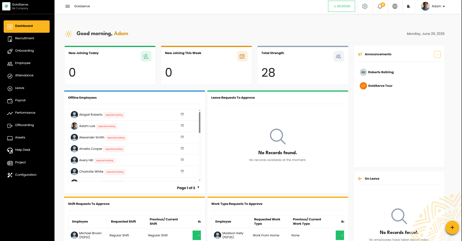 The GoldServe Dashboard: a personalized welcome, headline stat tiles, approval and to-do lists, and a side panel for announcements, on-leave, and birthdays.